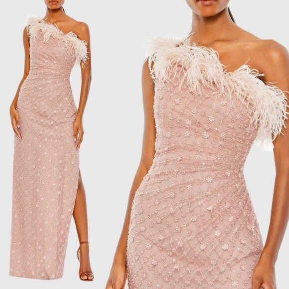 Mac Duggal  68139‎ Size 6 Pink Embellished One Shoulder Gown Ostrich Feathers - Picture 1 of 4